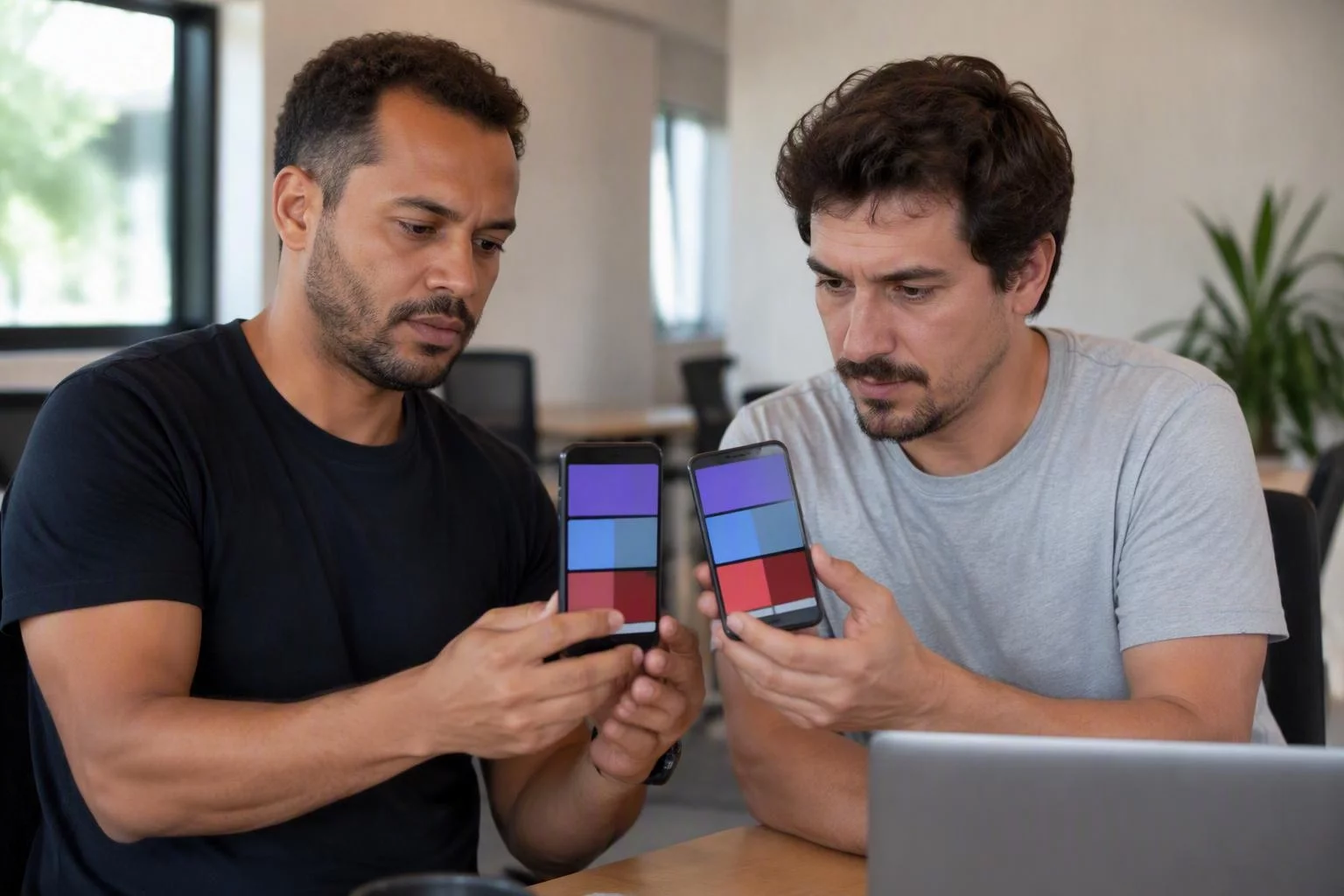 Dupla de desenvolvedores comparando a mesma tela em dois celulares