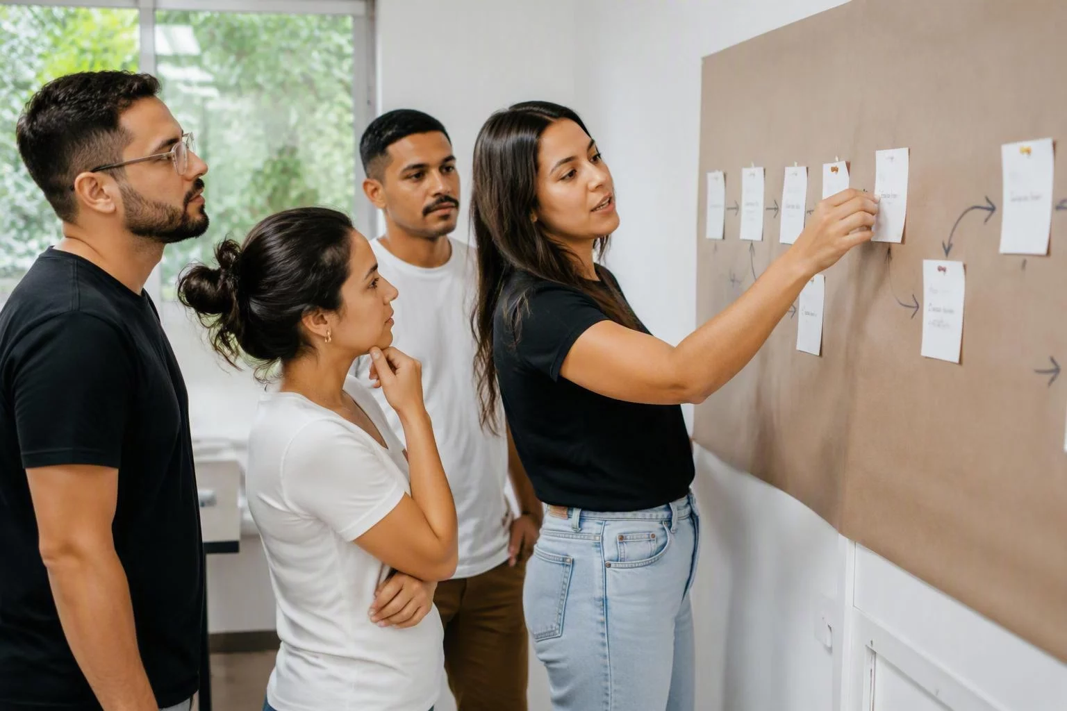 Equipe em pé diante de um quadro com o fluxo de agendamento colado
