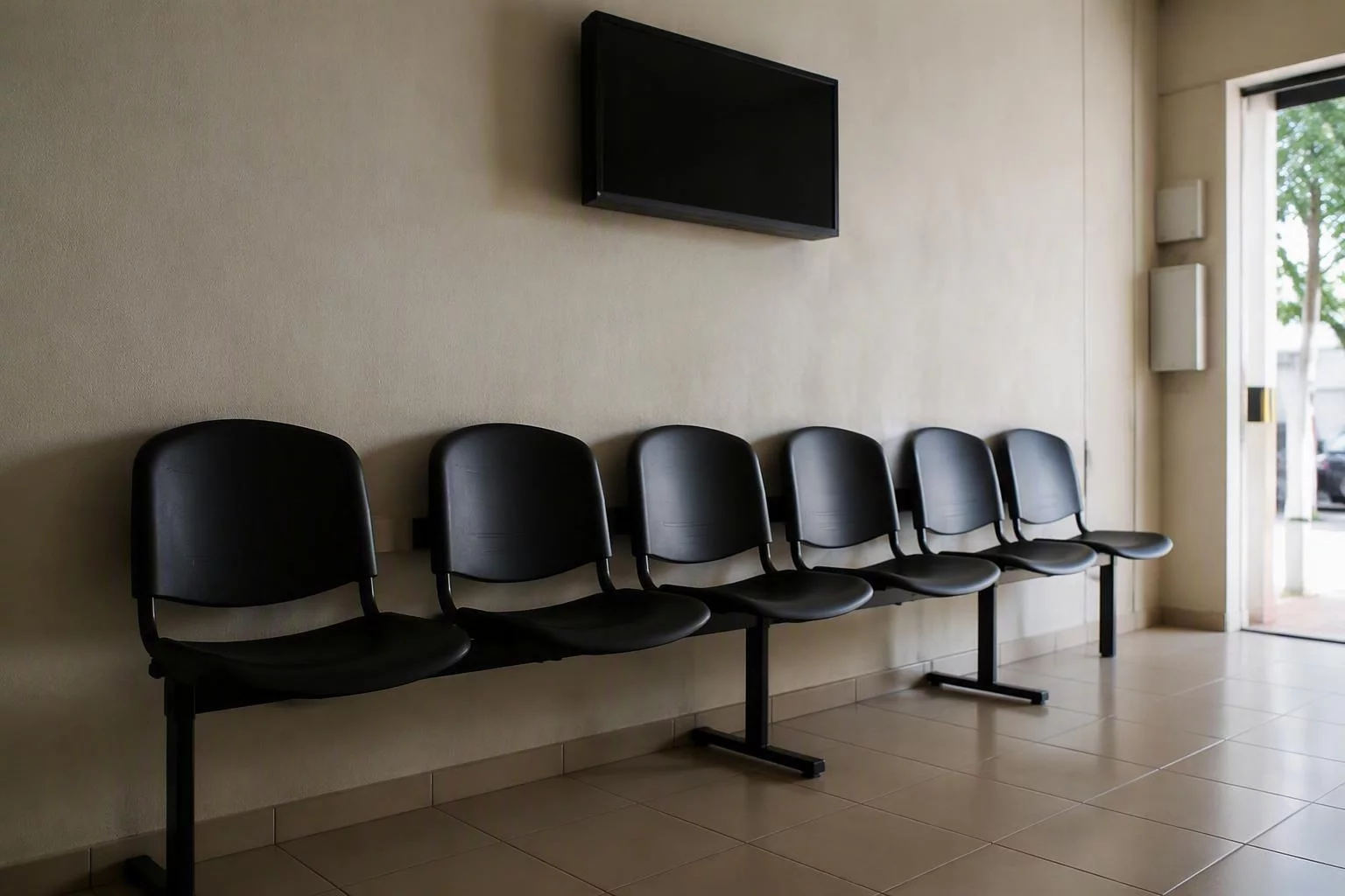Cadeiras vazias de uma sala de espera com o painel de senhas apagado