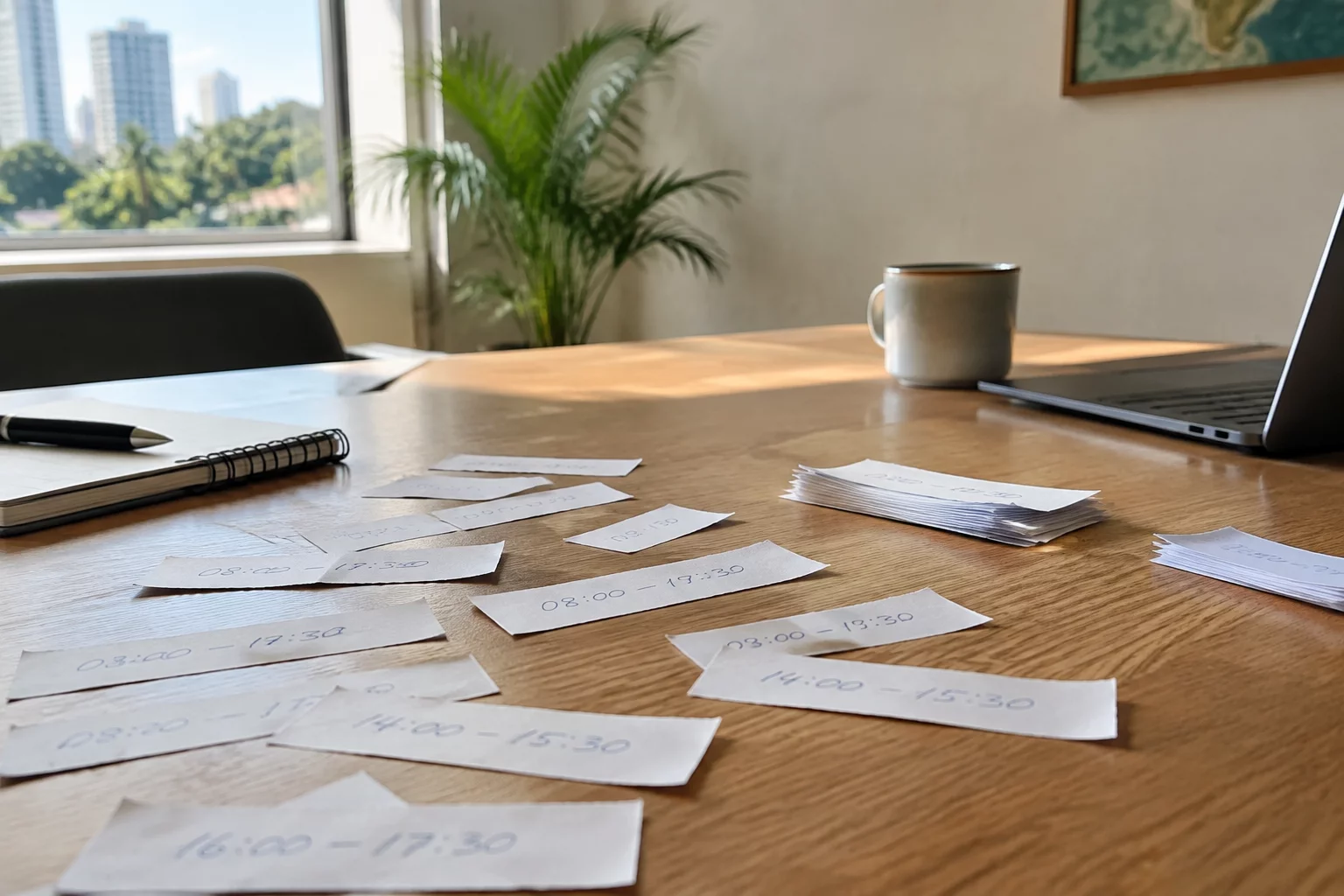 Fichas de horário recortadas e espalhadas sobre a mesa de trabalho