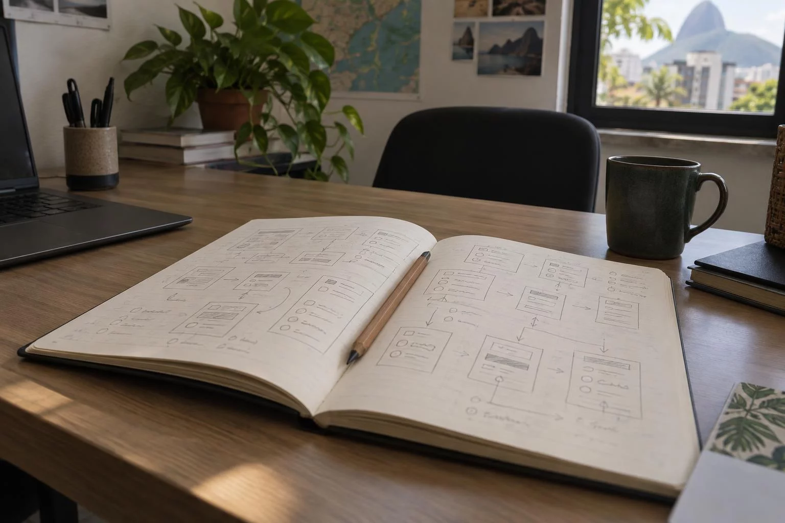Caderno aberto com o mapa de telas de uma agenda desenhado à mão